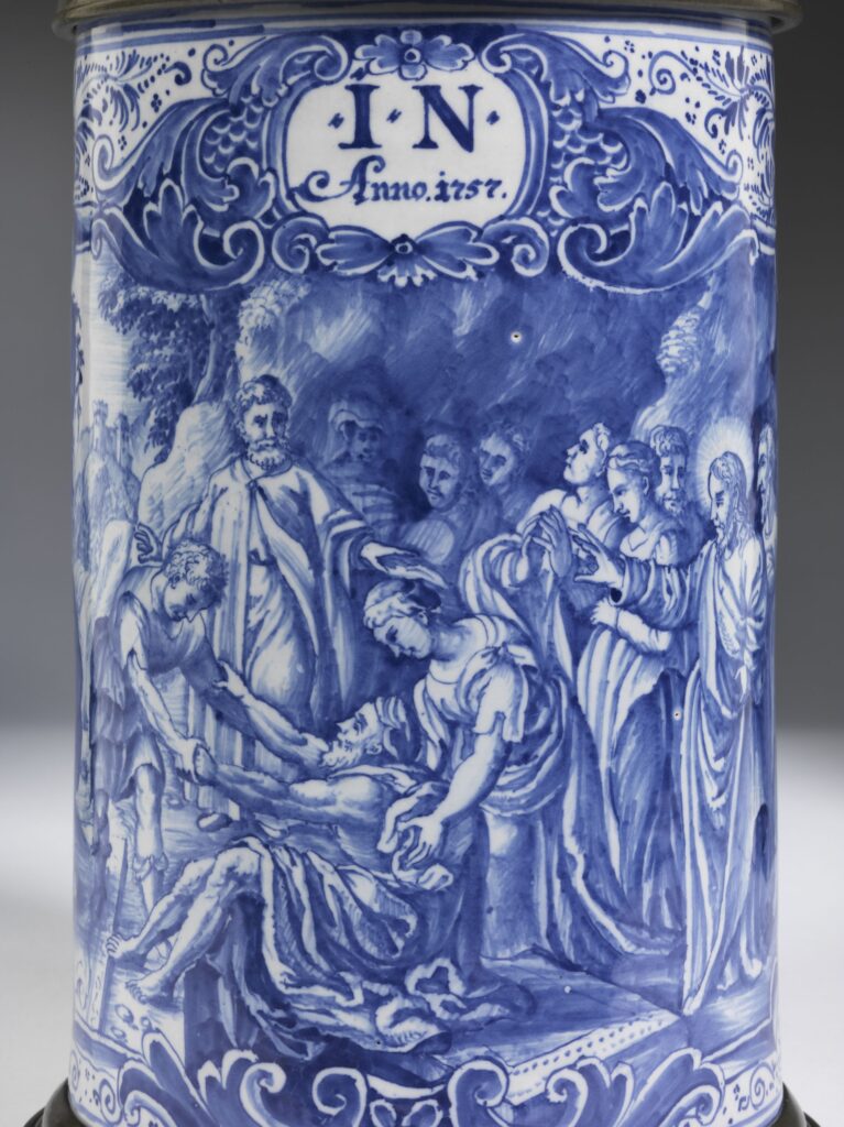 Nueremberg-Faience-tankard-kordenbusch-ressurection-lazarus-dated-1757